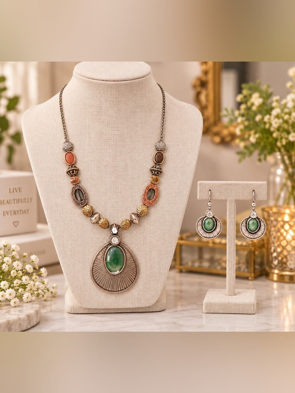 Boho Necklace and Earrings Set Pewter Colored - Pre-loved (18"-21")